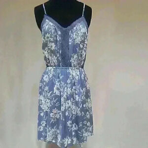 Dusty Blue & Cream Spaghetti Strap Summer Dress with Crochet Lace Trim Size L